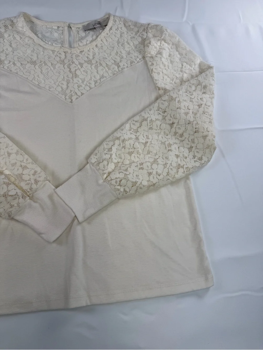LOFT Cream Lace-Inset Long Sleeve Top - Elevated Style -Medium